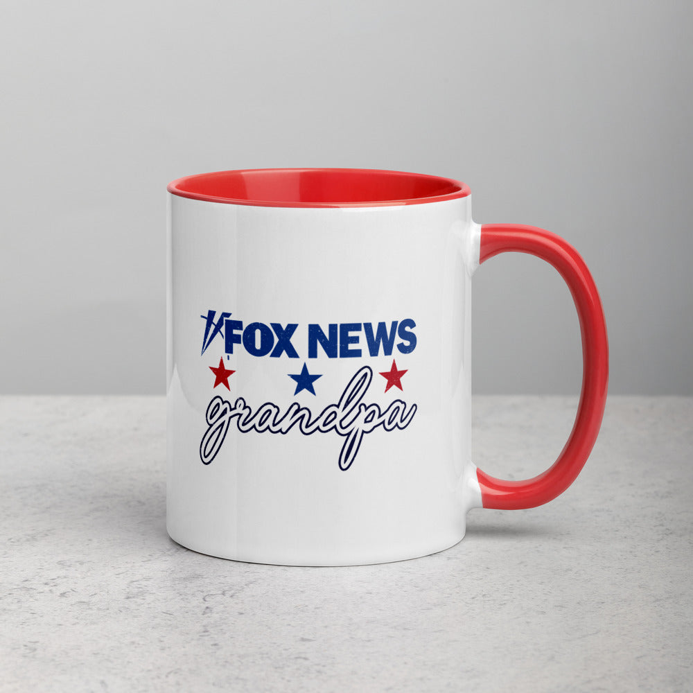 A close-up shot of the FOX News Grandpa two-tone mug showcasing its crisp logo presentation and vibrant interior color.