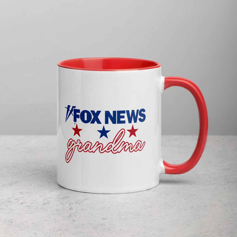 Close up of the crisp FOX News logo on a white ceramic two-tone mug.