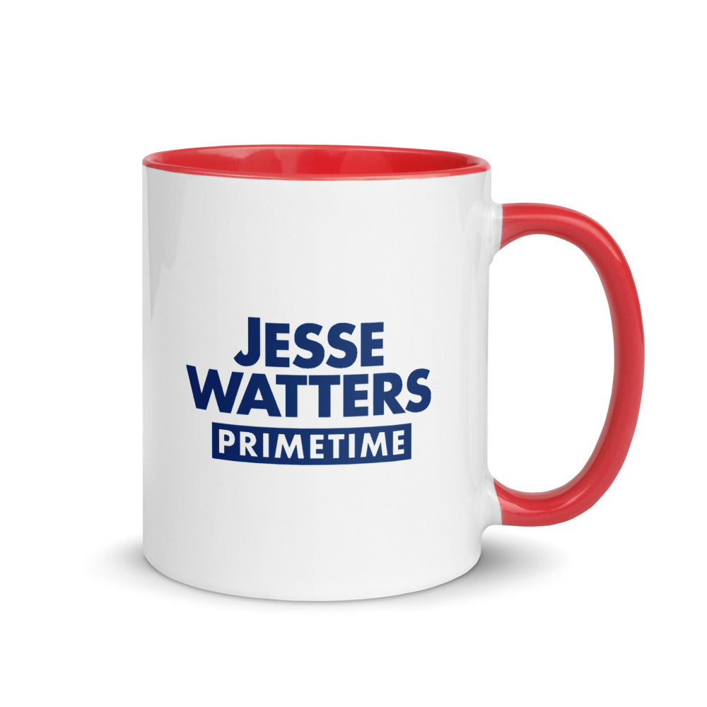 A white ceramic Jesse Watters Primetime hearts two-tone mug resting on a clean kitchen counter in a bright American home.