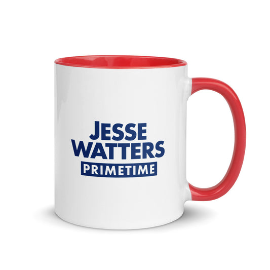 A white ceramic Jesse Watters Primetime hearts two-tone mug resting on a clean kitchen counter in a bright American home.
