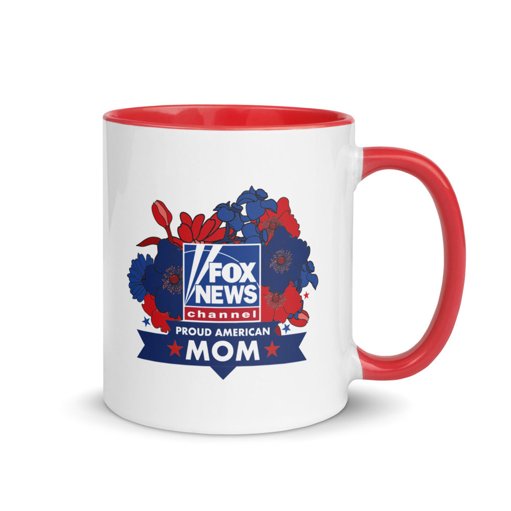 An outdoor patio morning coffee setting with the FOX News two-tone mug under bright natural daylight.