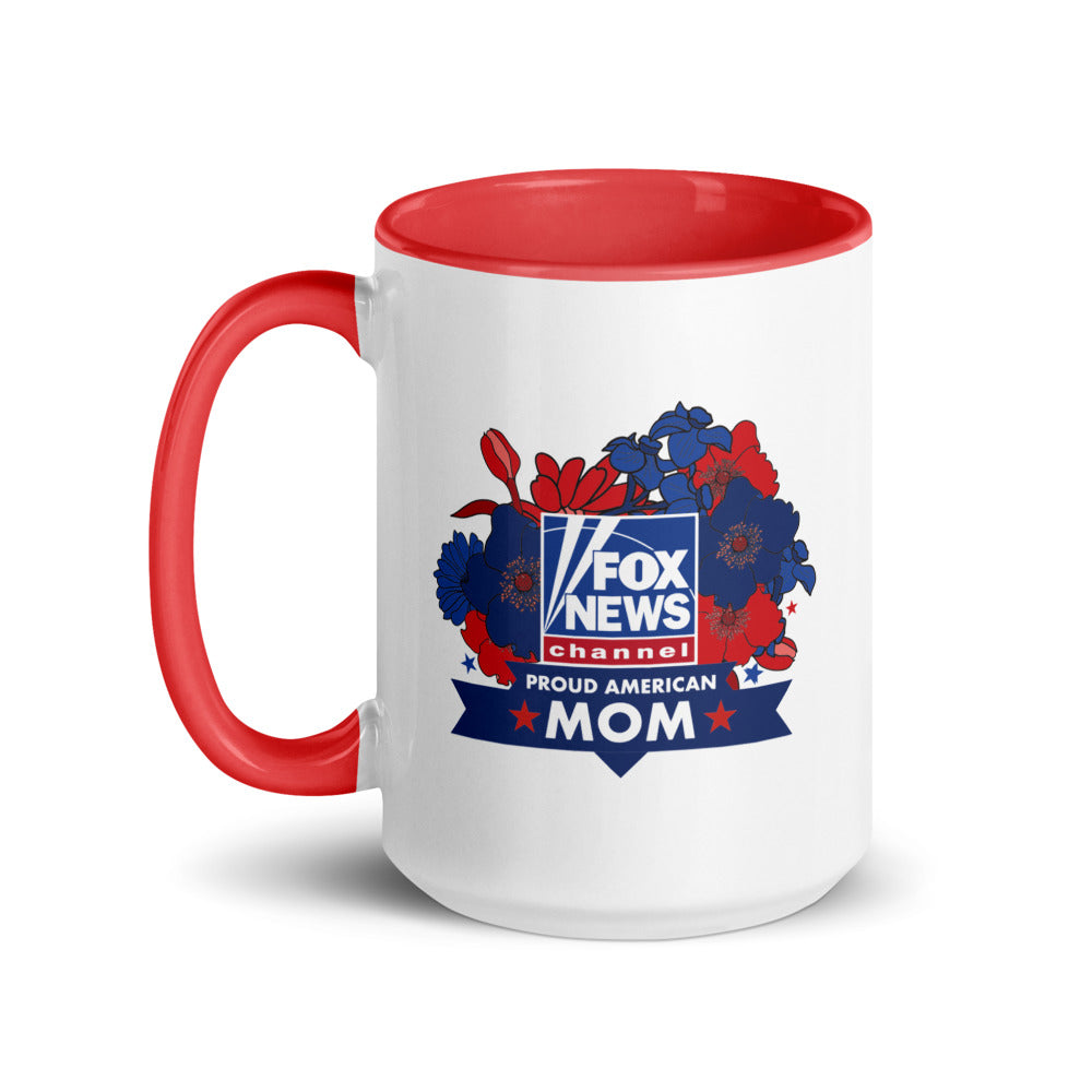 A side-angle view of the two-tone ceramic mug highlighting the comfortable handle and vibrant colored interior.