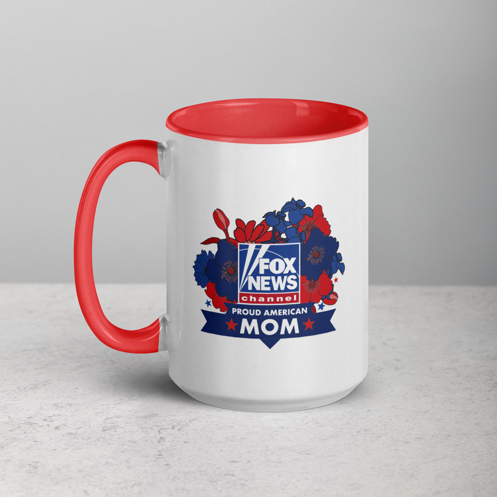 A close-up shot emphasizing the sharp, high-definition printing of the Proud American Mom graphic on the mug.