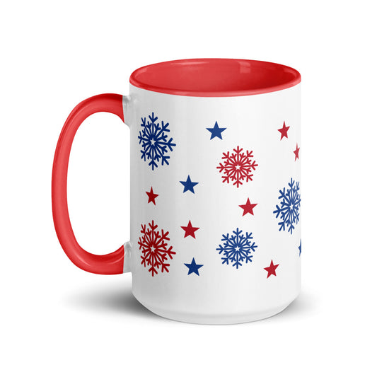 A FOX News Holiday Snowflakes Two Tone Mug with a bright red interior sitting on a clean wooden kitchen table in a suburban American home.-5