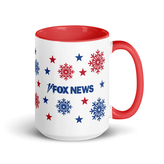 A FOX News Holiday Snowflakes Two Tone Mug with a bright red interior sitting on a clean wooden kitchen table in a suburban American home.-4