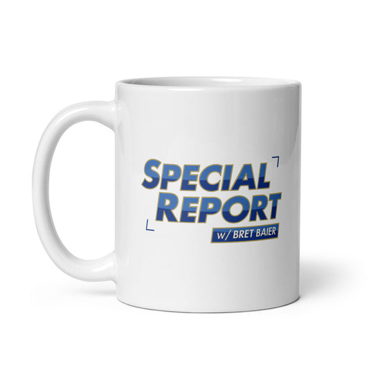 A crisp white ceramic FOX News Special Report with Bret Baier mug resting on a clean wooden modern American kitchen counter.