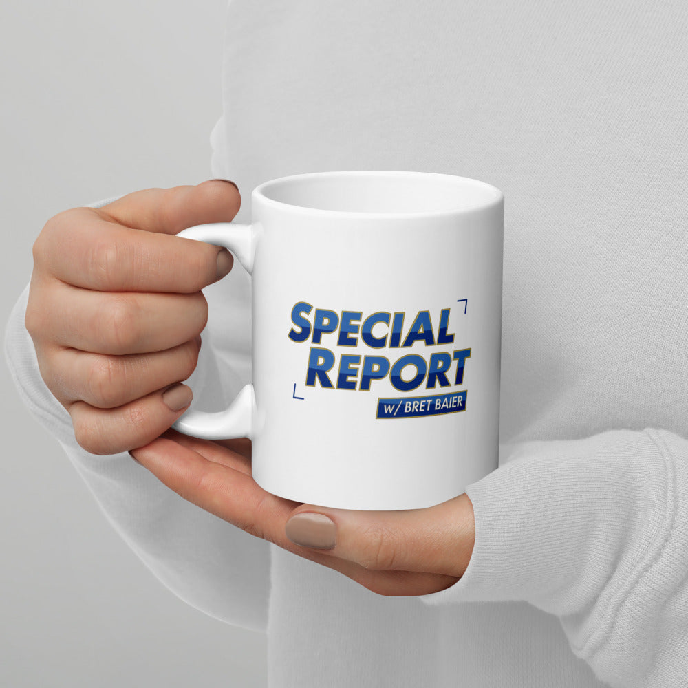 A side-angle view of the FOX News Special Report with Bret Baier mug highlighting its durable handle and smooth ceramic finish.