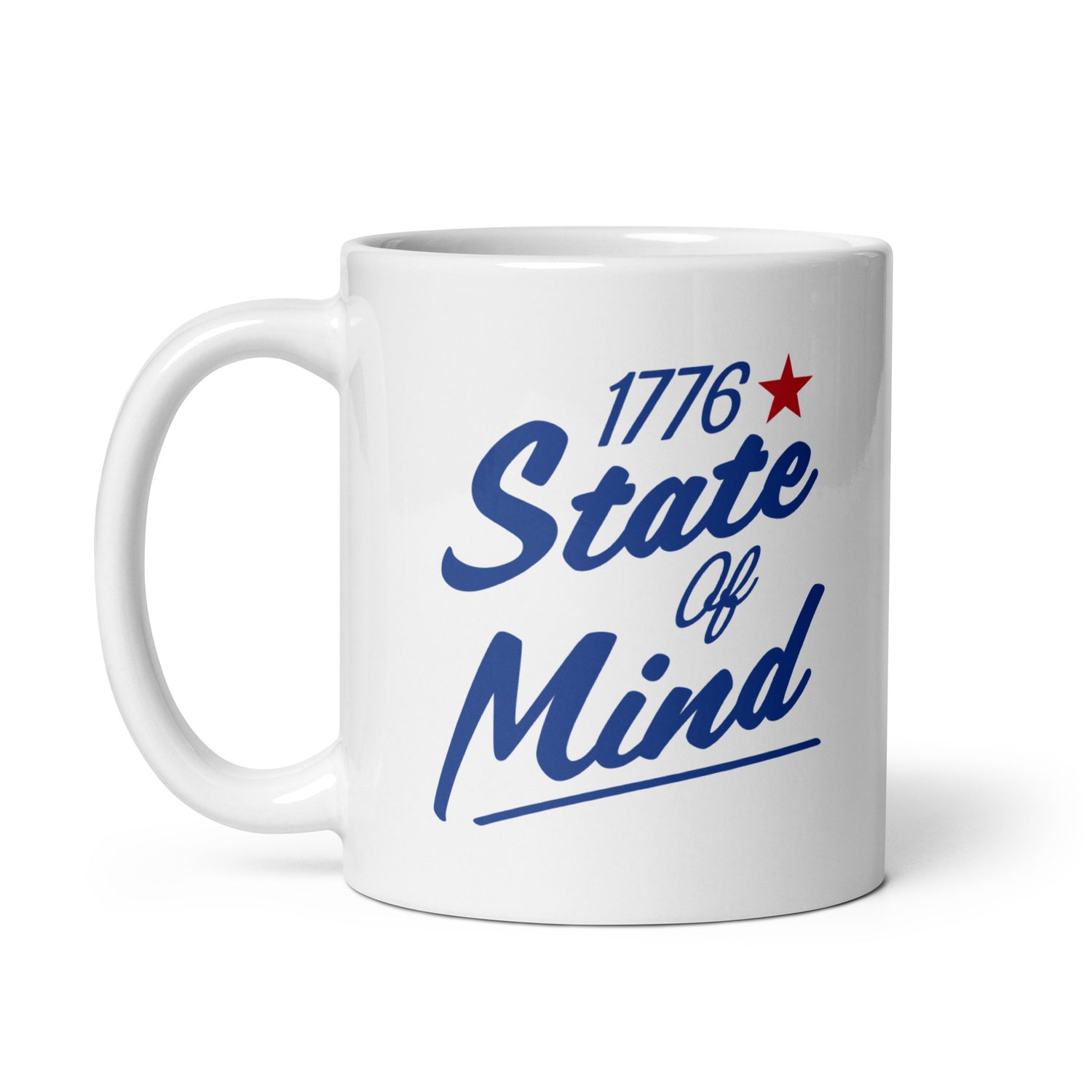 A modern American living room with a cozy morning coffee setting featuring the FOX News 1776 State Of Mind mug on a wooden table.