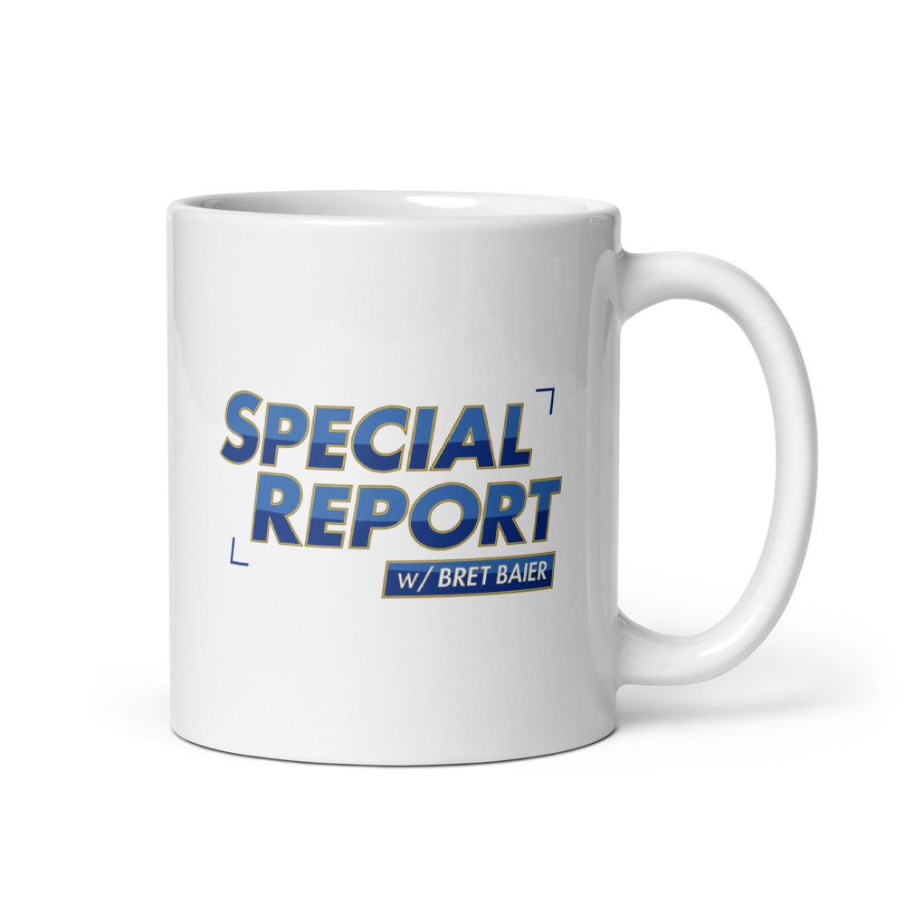 Close-up of the FOX News Special Report with Bret Baier logo printed clearly on the side of a glossy ceramic coffee mug.