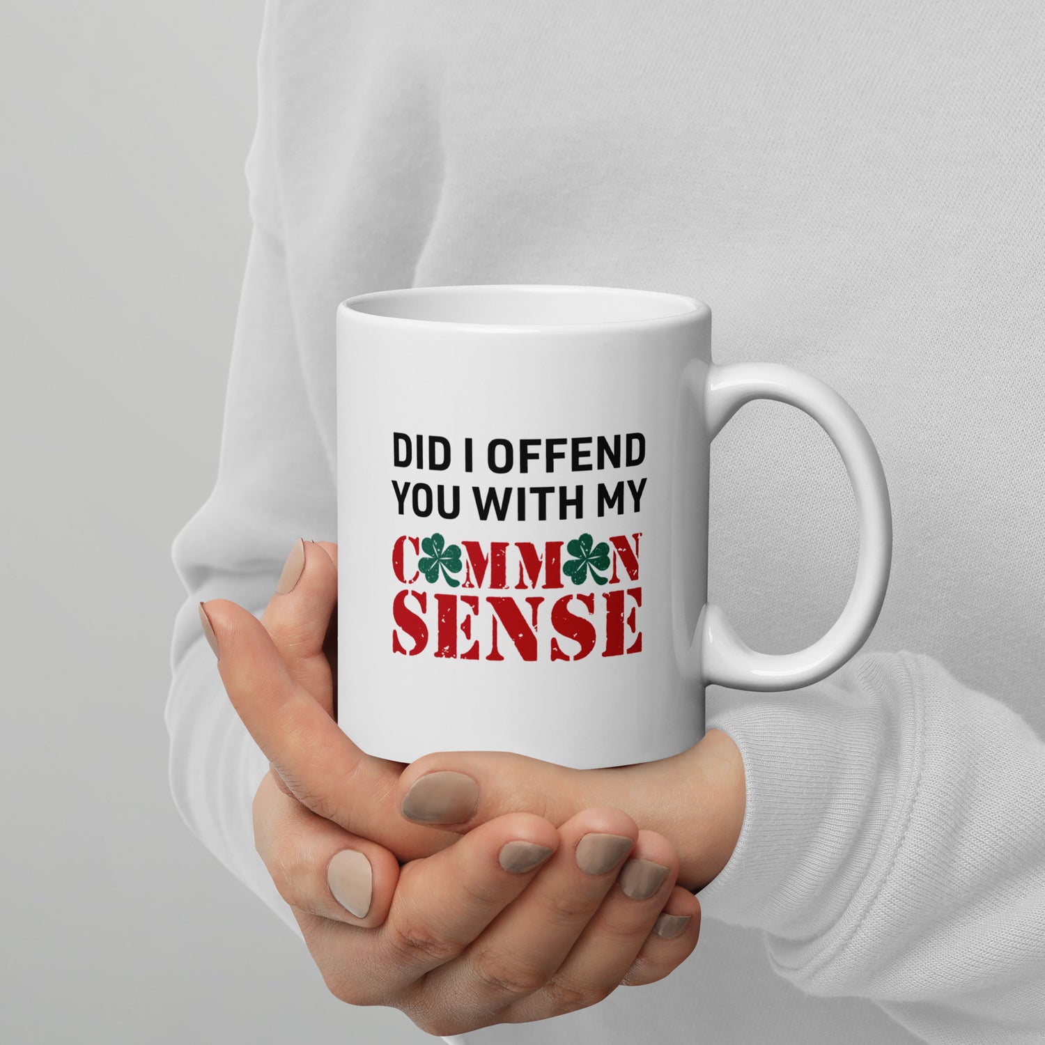 Side angle of the 15 oz ceramic coffee mug highlighting the comfortable handle and crisp print quality.