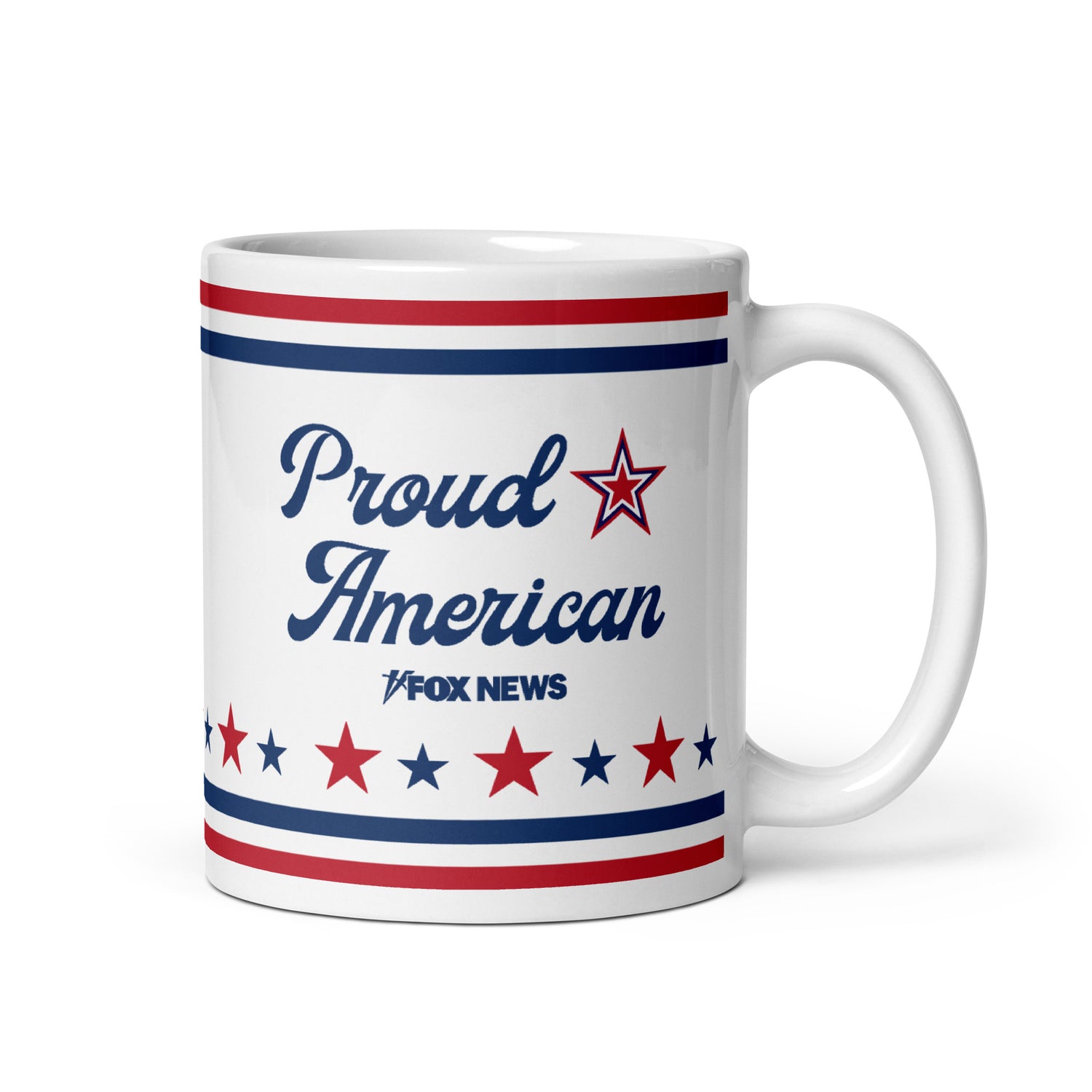 Close-up view of the FOX News Proud American mug highlighting the bold patriotic text and crisp graphic print.