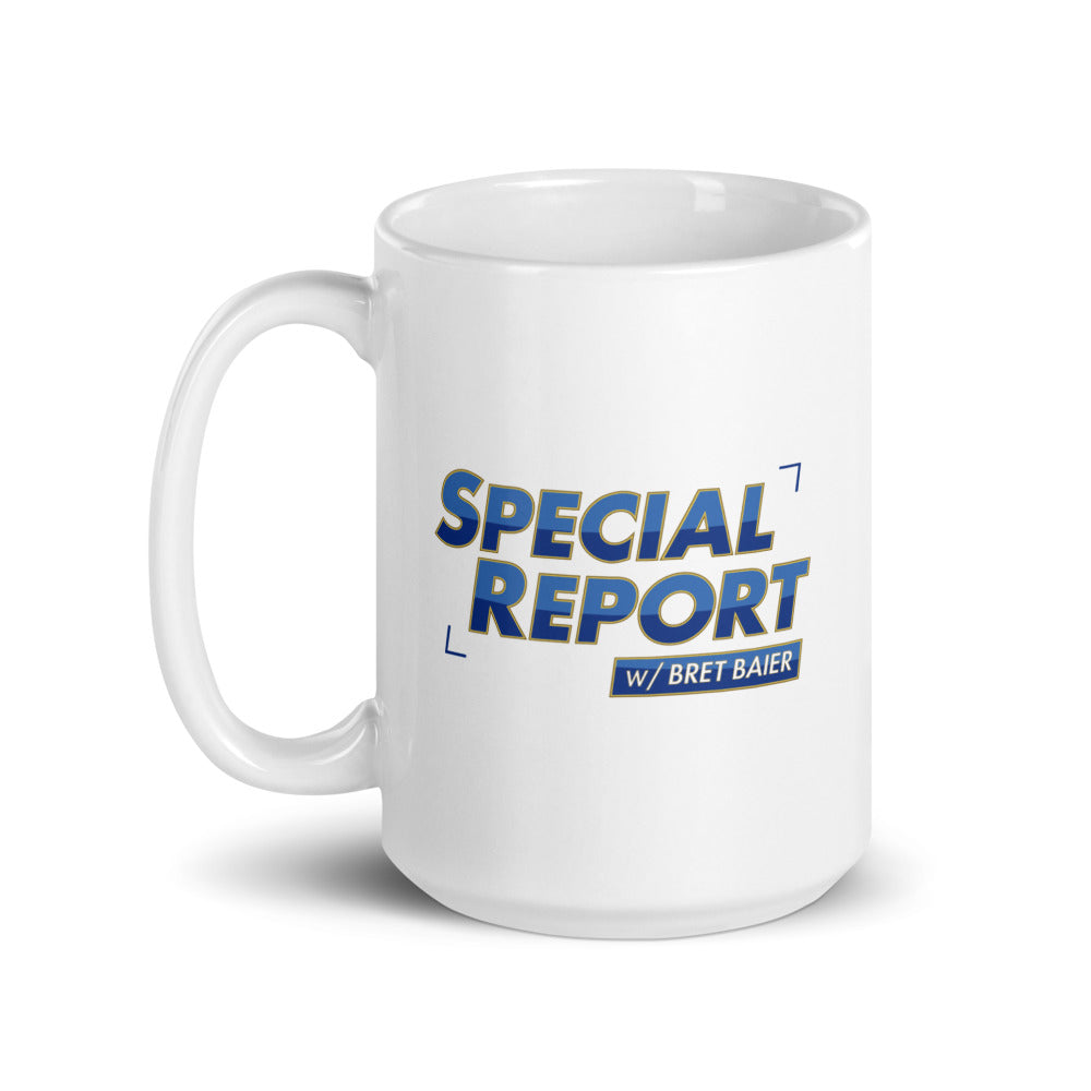 A loyal *FOX News* viewer holding the personalized *Special Report with Bret Baier* mug in a comfortable home setting.