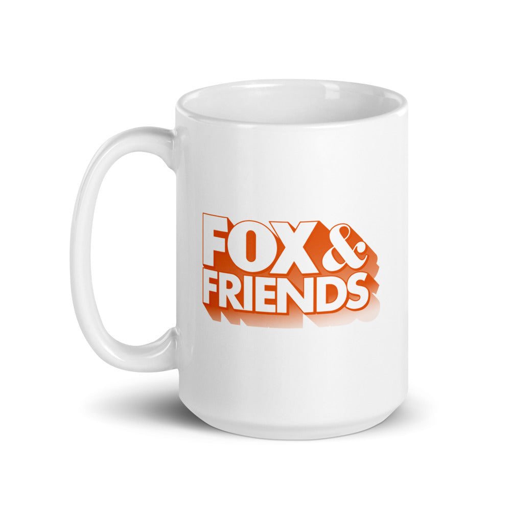 Lifestyle product shot of the FOX & Friends logo mug ready for daily use in a cozy suburban American kitchen.