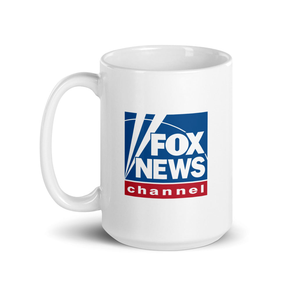A 11 oz *FOX News* logo mug next to a morning newspaper in a comfortable suburban living room.