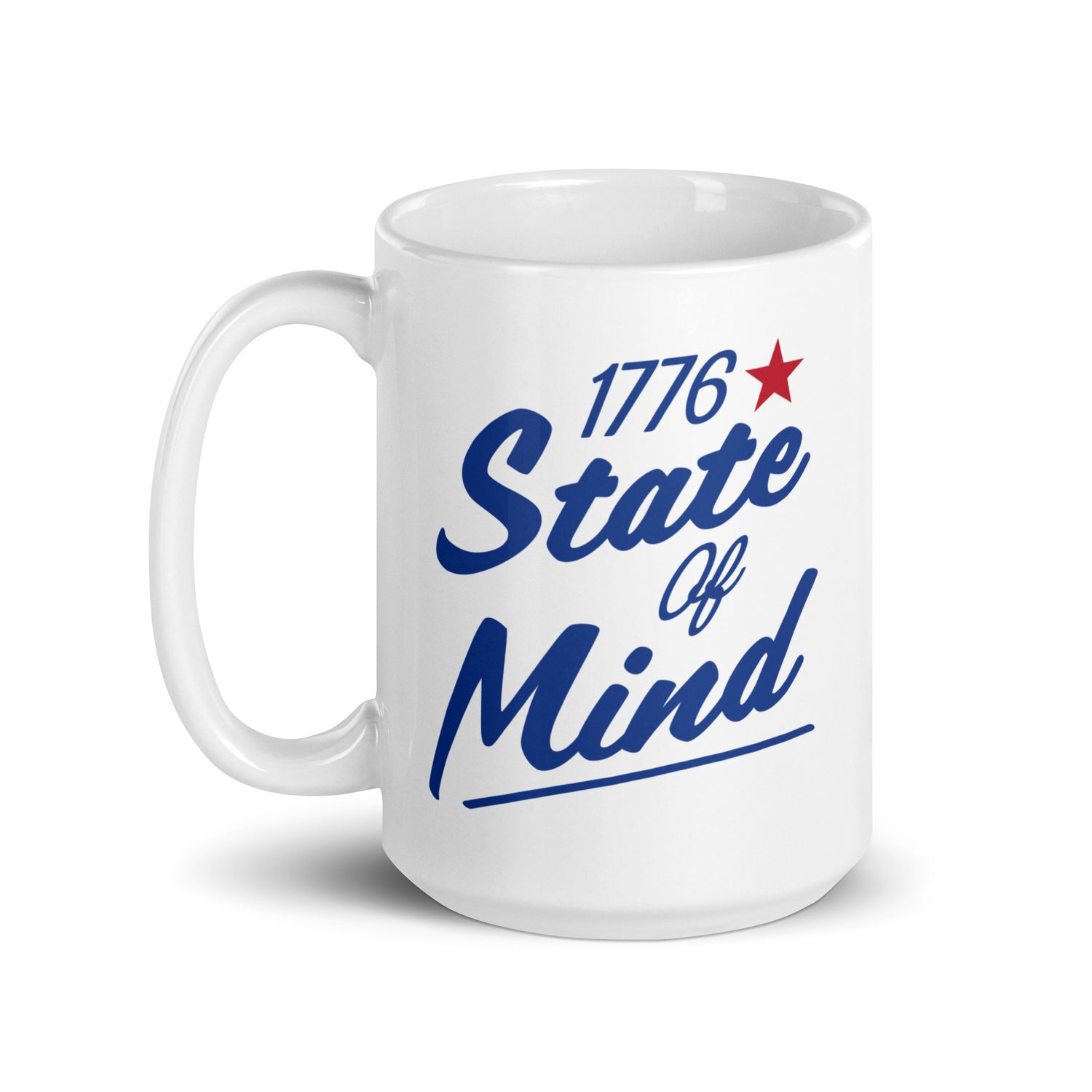 A suburban backyard patio table setting in natural morning light featuring the FOX News patriotic mug.