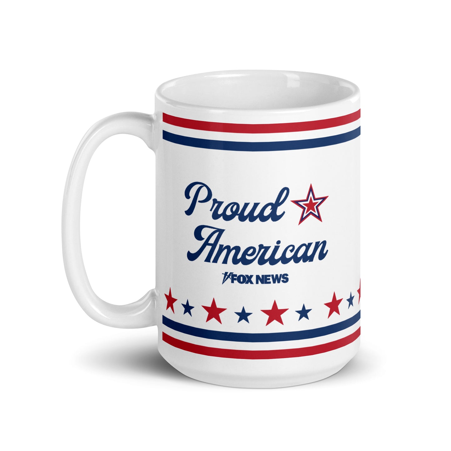 An outdoor patio setting featuring the FOX News coffee mug resting on a wooden deck rail with a serene morning background.
