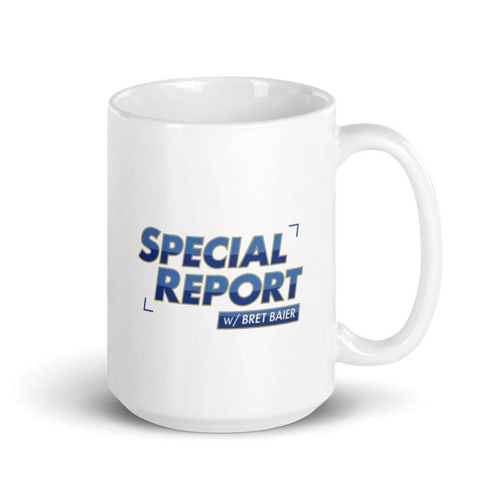 The 15 oz FOX News Special Report with Bret Baier mug shown filled with hot coffee in a bright, suburban American living room.