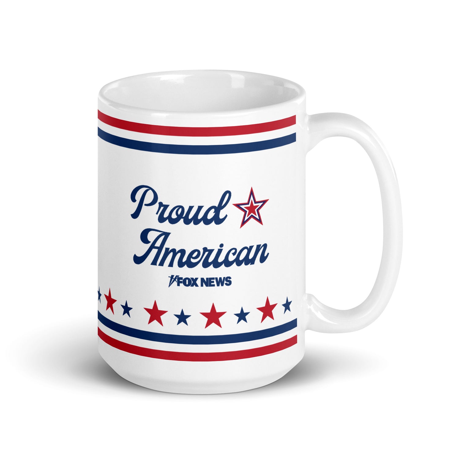 Front-facing flat lay of the FOX News Proud American mug against a neutral background emphasizing the clean design and patriotic aesthetic.