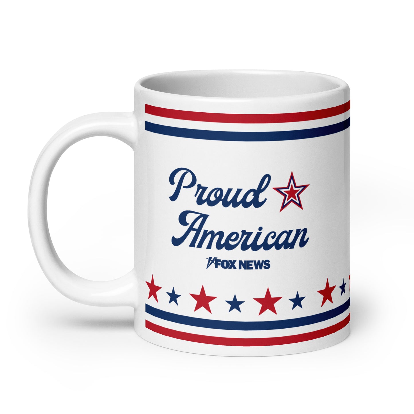 The FOX News Proud American mug shown from the side angle to display the comfortable C-handle and durable ceramic construction.