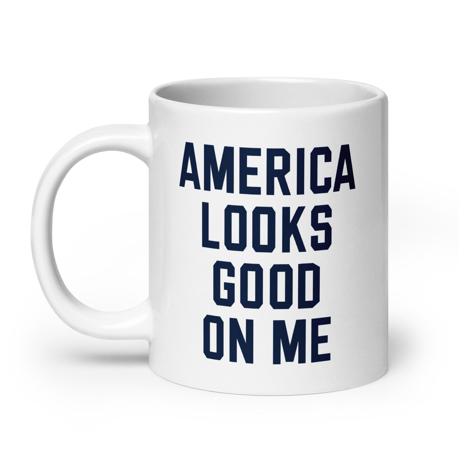 Angled view of the mug showcasing its durable construction and vibrant patriotic colors