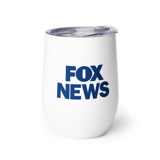 A clean shot of the FOX News Hearts Wine Tumbler featuring the red FOX News logo and heart pattern on a white background.