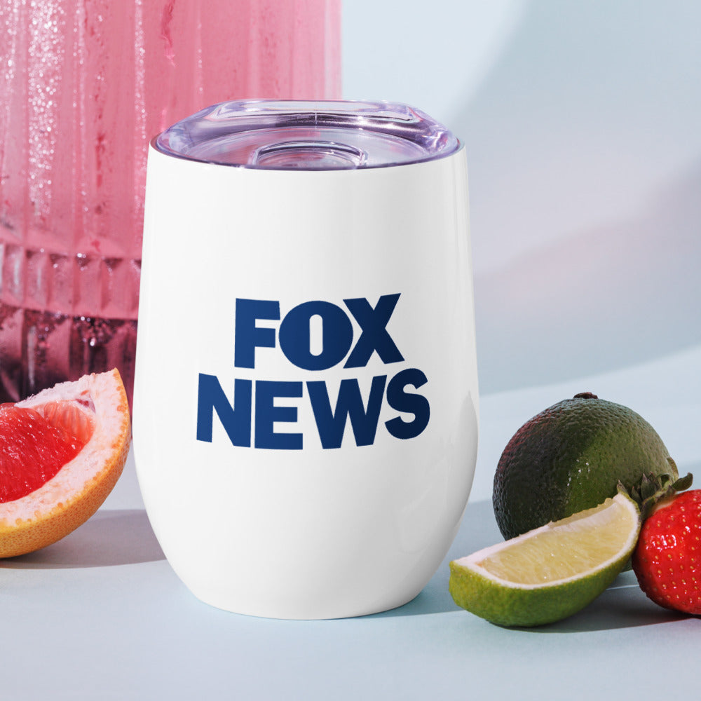Detailed view of the crisp FOX News logo placement on the stainless steel wine tumbler.