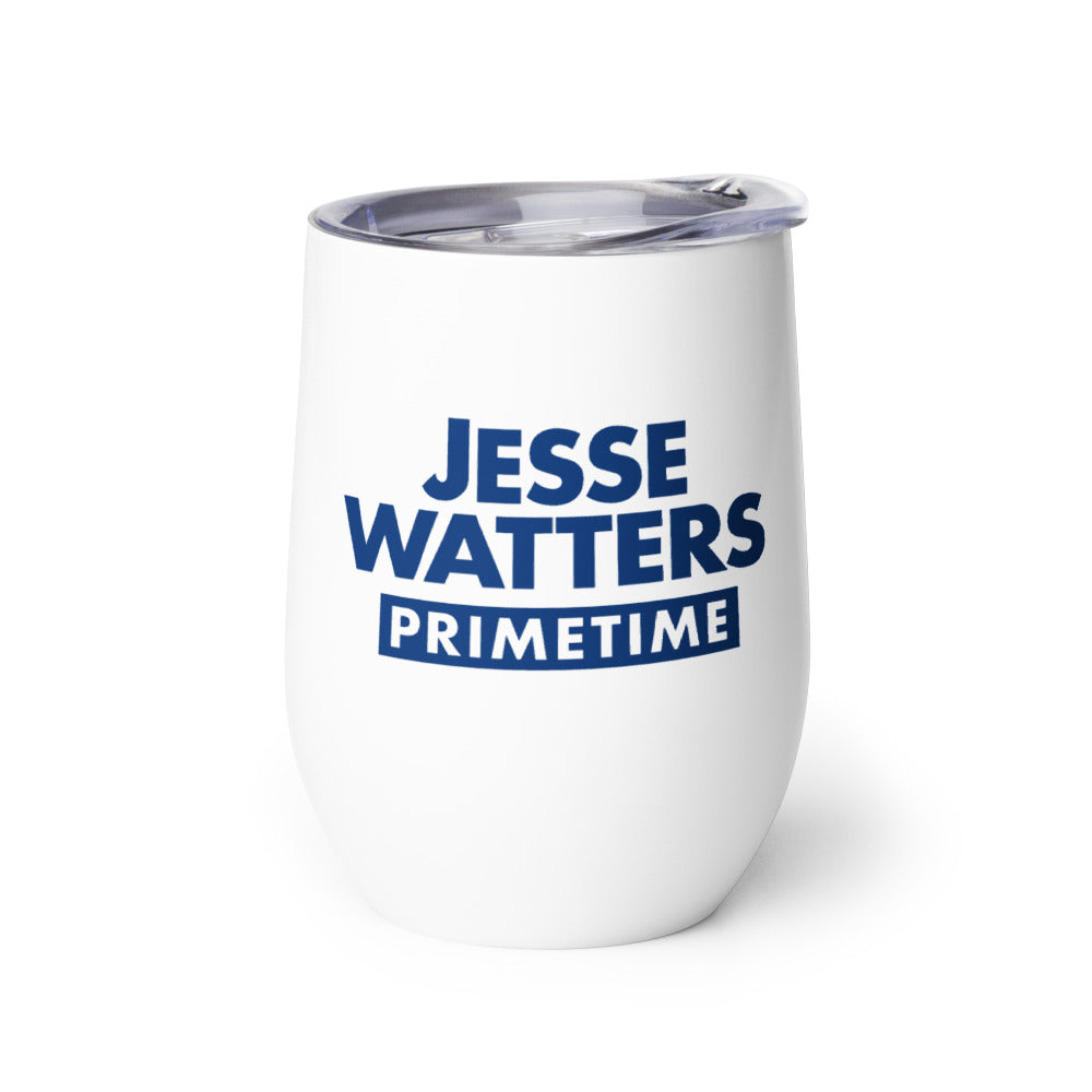 A crisp white 12-ounce wine tumbler featuring the Jesse Watters Primetime hearts graphic, set against a clean modern American kitchen countertop.