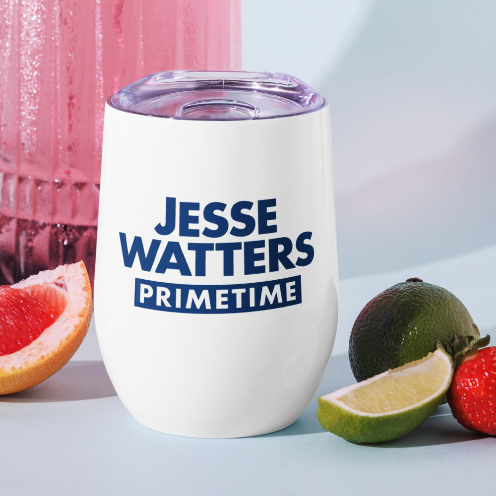 Front-facing view of the white wine tumbler highlighting its durable construction and clean branding.