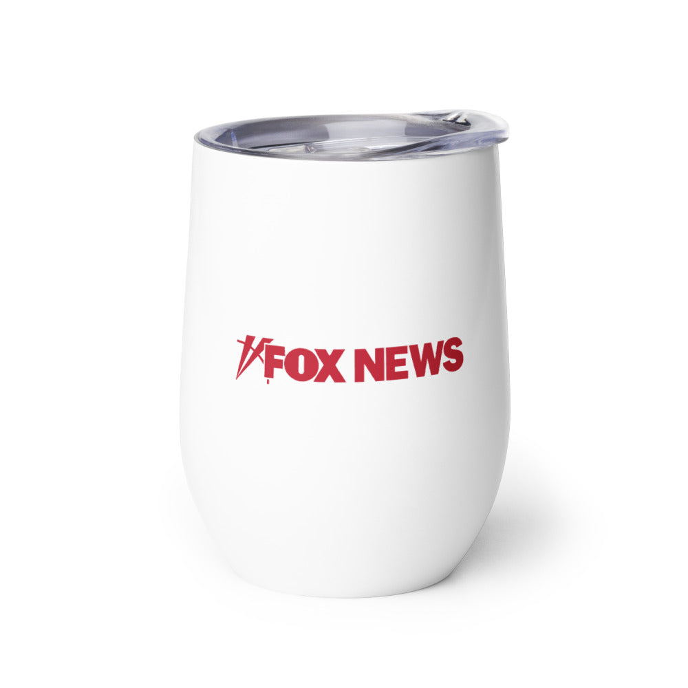 Close-up of the FOX News logo on a 12 oz stainless steel tumbler, held by a patriotic viewer in a backyard setting.
