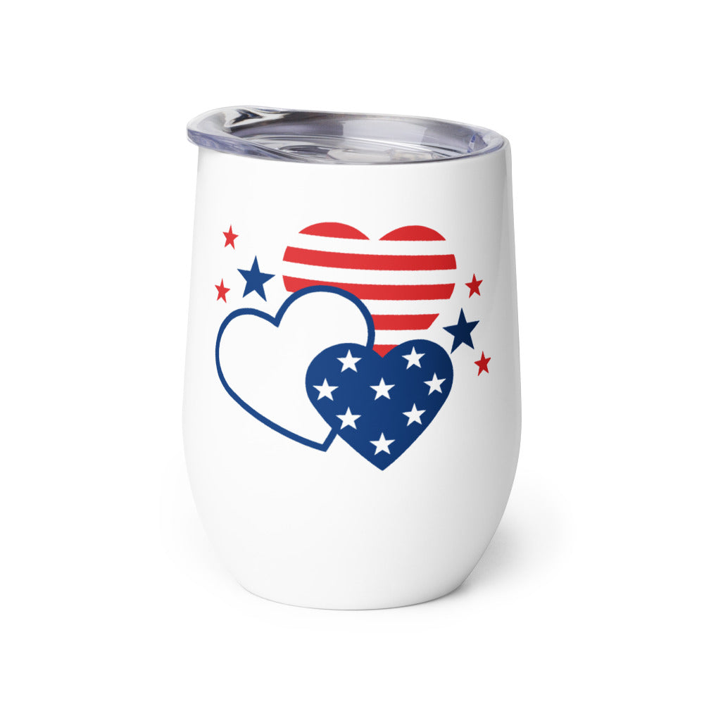 Close-up shot of the white 12 oz Gutfeld! hearts wine tumbler showcasing the crisp logo and heart graphics.