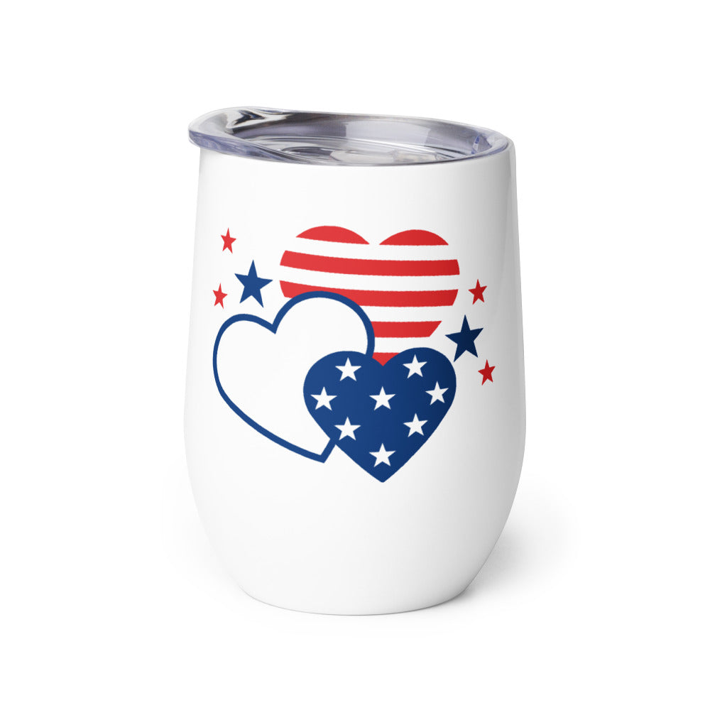 Close-up of the official FOX News Jesse Watters Primetime wine tumbler resting on a polished wooden living room side table.