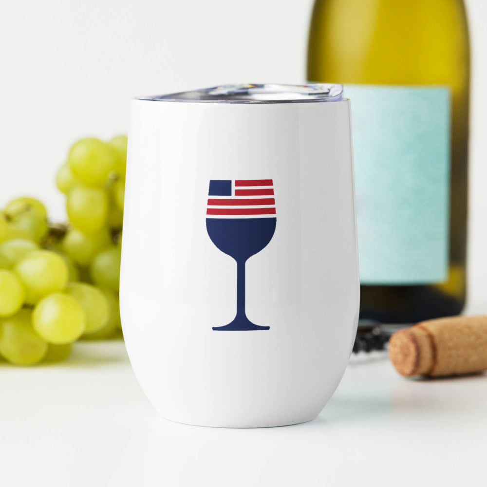A high-quality FOX News wine tumbler in a suburban living room, representing bold American values and news authority.