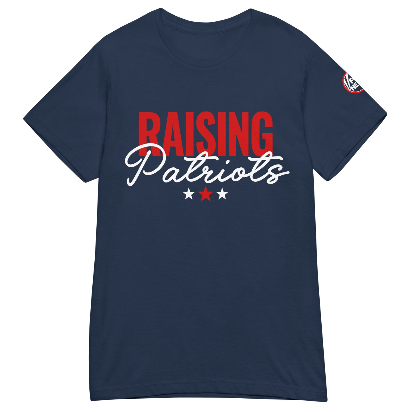The FOX News Raising Patriots Women's T-shirt in blue displayed in a modern, comfortable living room setting.