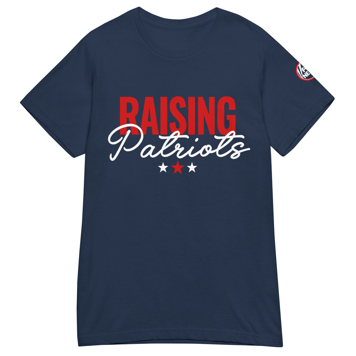 The FOX News Raising Patriots Women's T-shirt in blue displayed in a modern, comfortable living room setting.