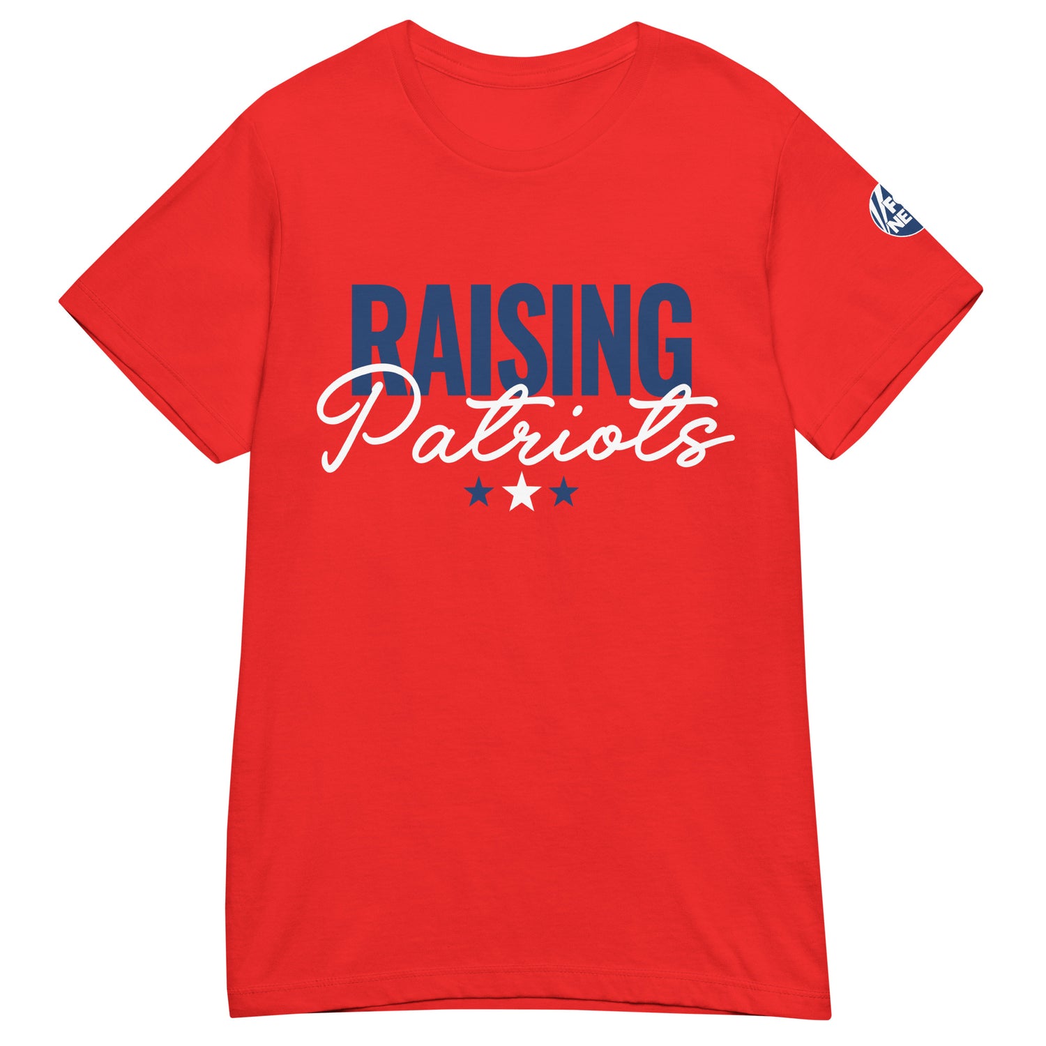 A patriotic woman wearing the red FOX News Raising Patriots T-shirt in a clean American suburban backyard.