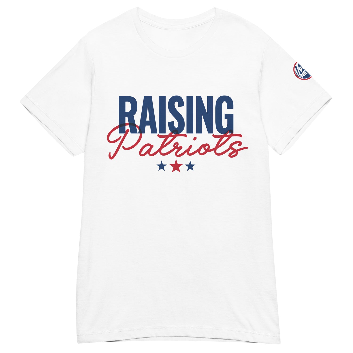 Close-up of the crisp Raising Patriots logo on the front of a white women's crewneck t-shirt.