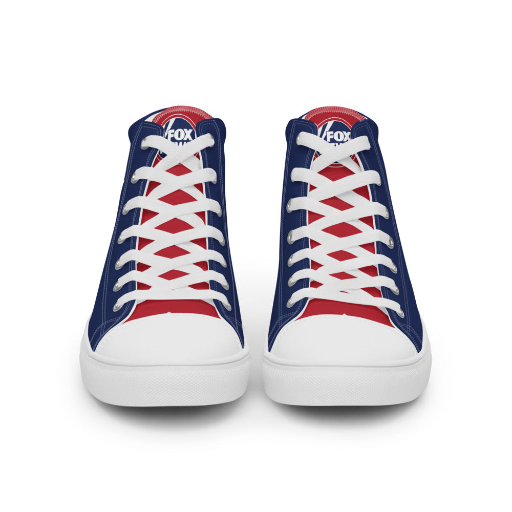 A close-up of the crisp FOX News Sports logo on the side of a white high top canvas shoe.