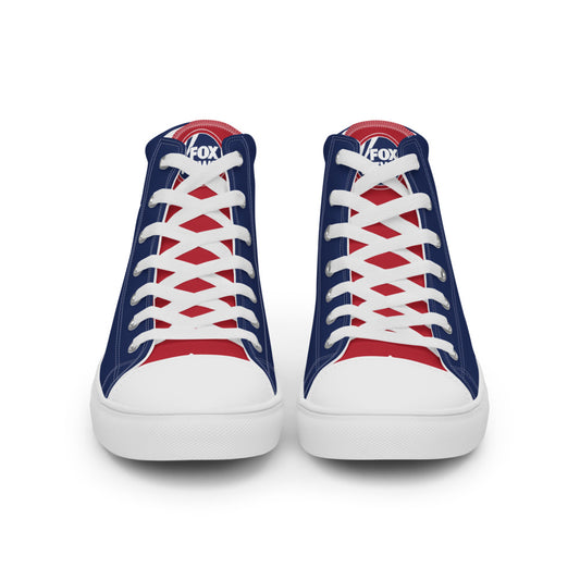 A close-up of the crisp FOX News Sports logo on the side of a white high top canvas shoe.