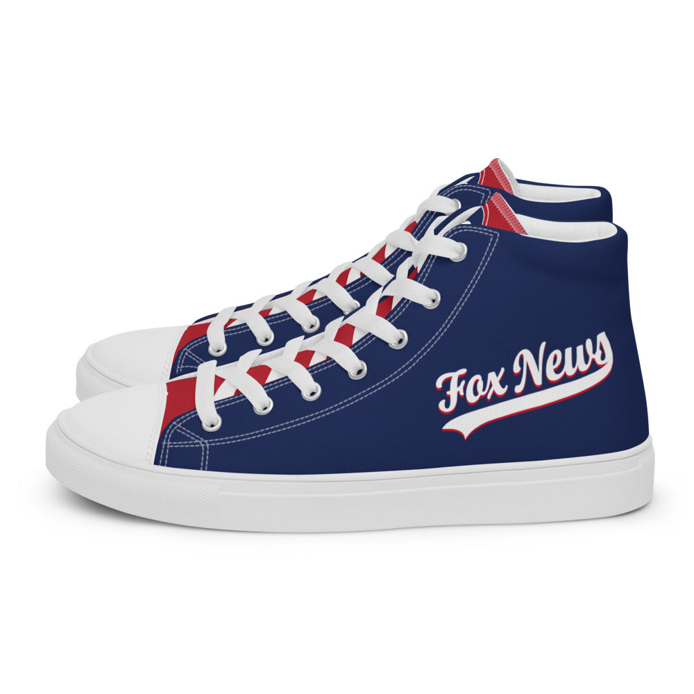A pair of white FOX News Sports women's high top sneakers placed on a modern American living room floor.