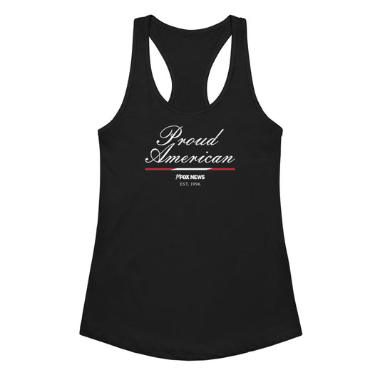 A woman in a clean American backyard setting wearing the FOX News Proud American Women's Tank Top.