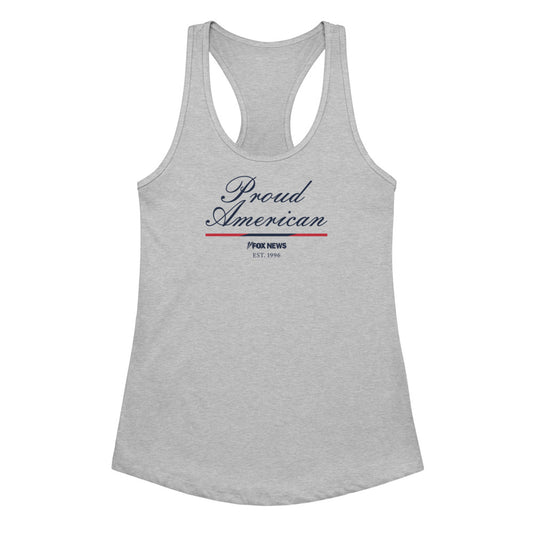 Close-up shot of the FOX News Proud American logo printed clearly on a high-quality women's tank top.
