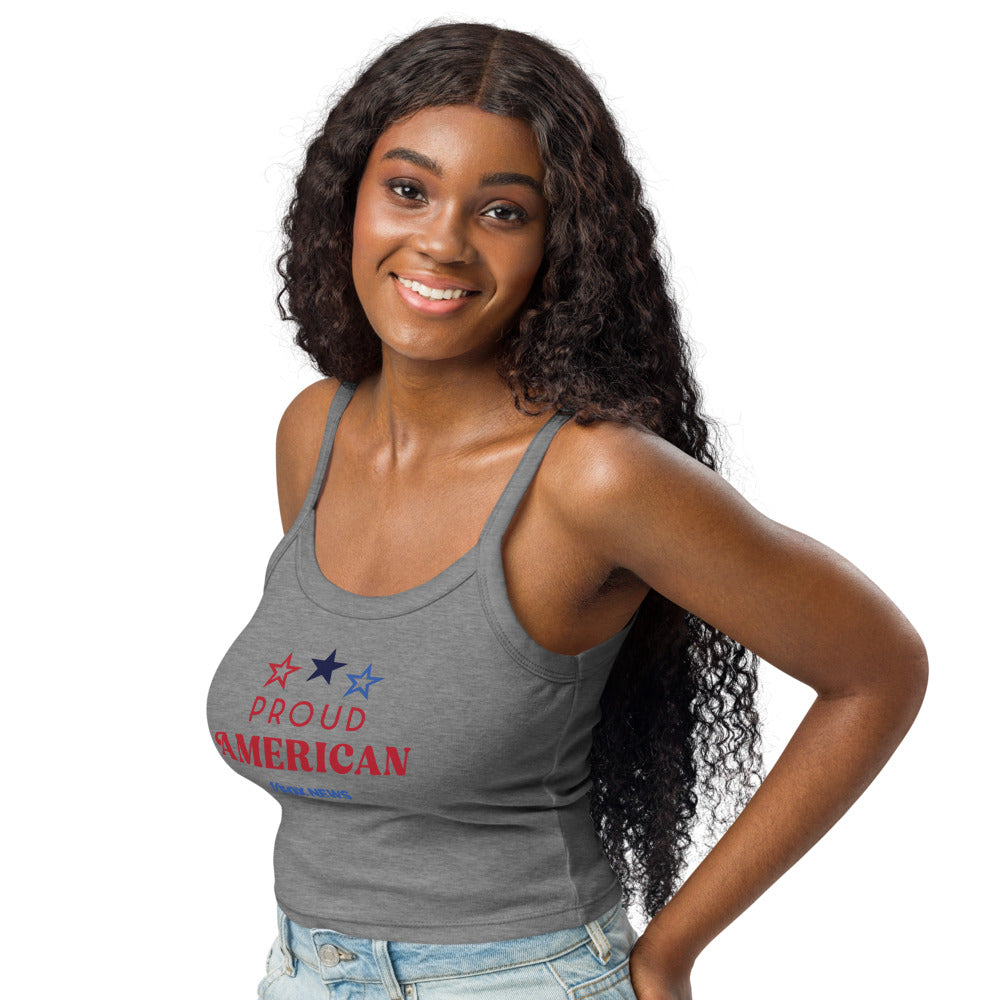 Close up of the FOX News Proud American logo on the chest of a white micro-rib tank top.