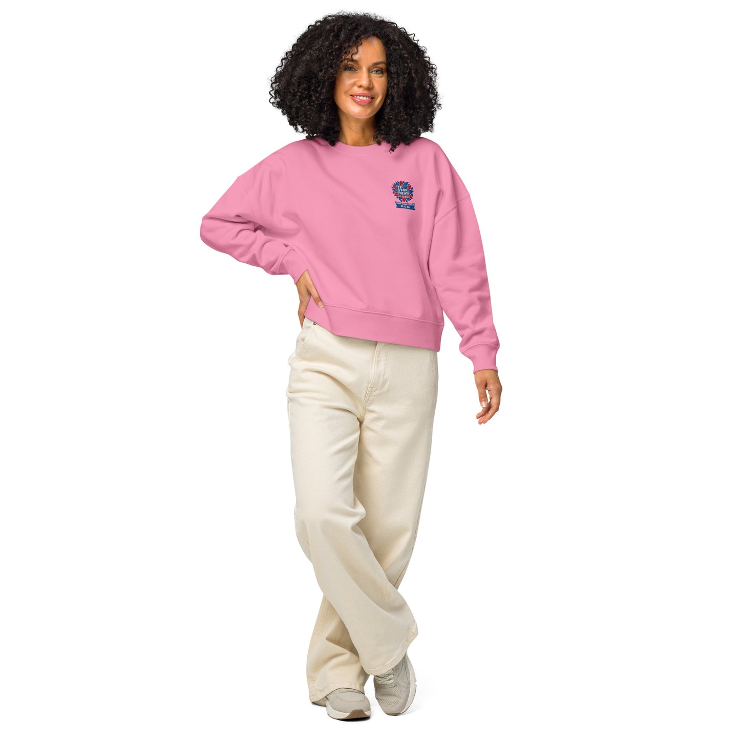 Front view of the FOX News Proud American Mom sweatshirt in Bubble Pink displayed on a clean background.