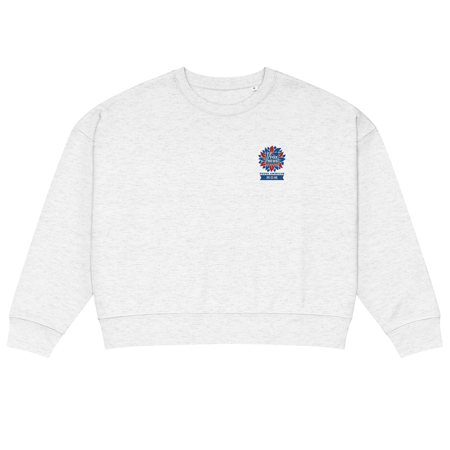 A close-up shot of the high-quality embroidery detail on the FOX News Proud American Mom sweatshirt.