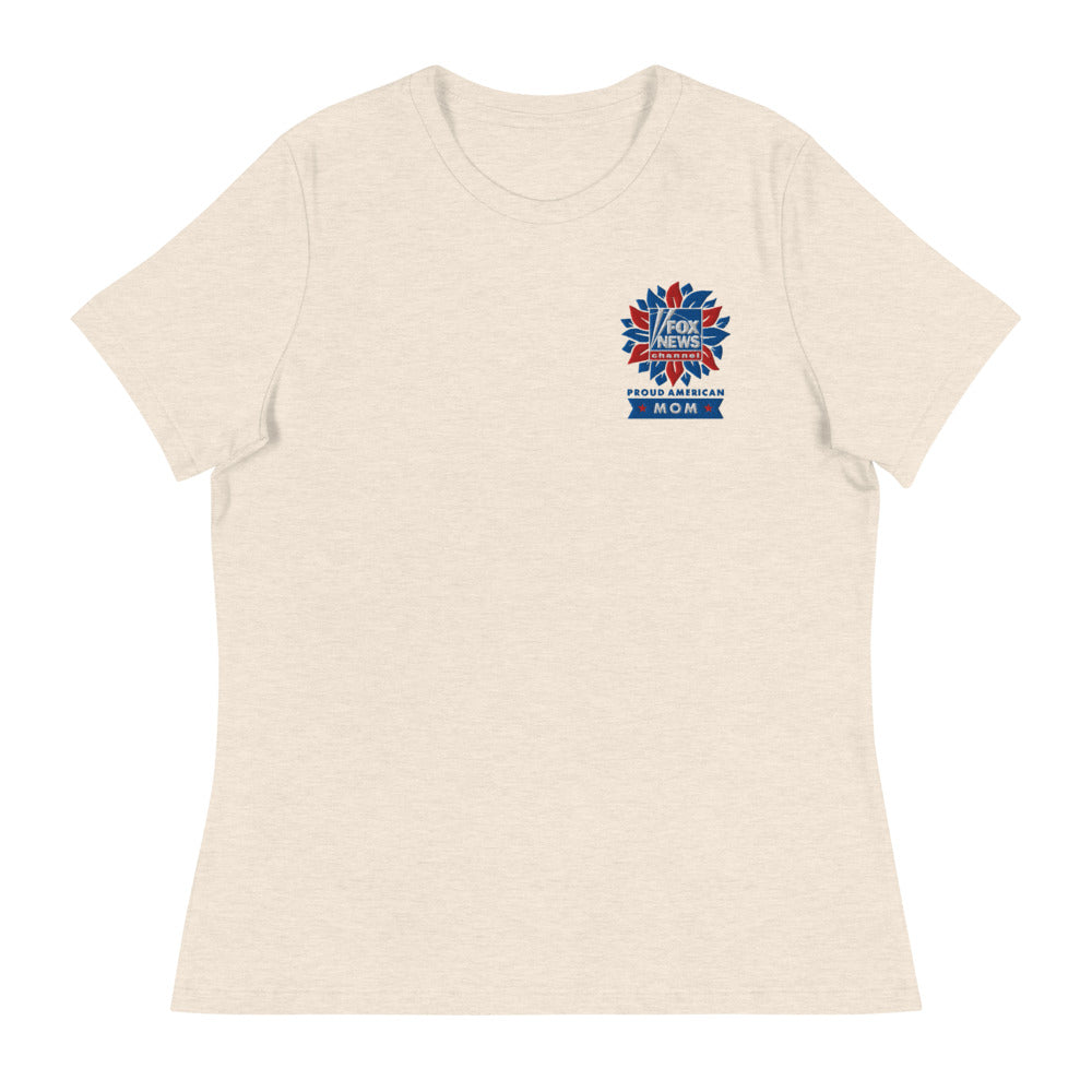 An outdoor suburban American backyard morning setting showing the comfort and clean fit of the FOX News women's graphic tee.