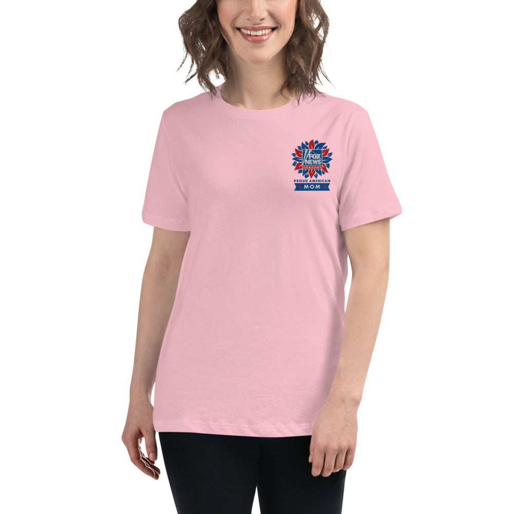 Side profile view of the women's fit FOX News patriotic t-shirt in a relaxed, comfortable home environment.
