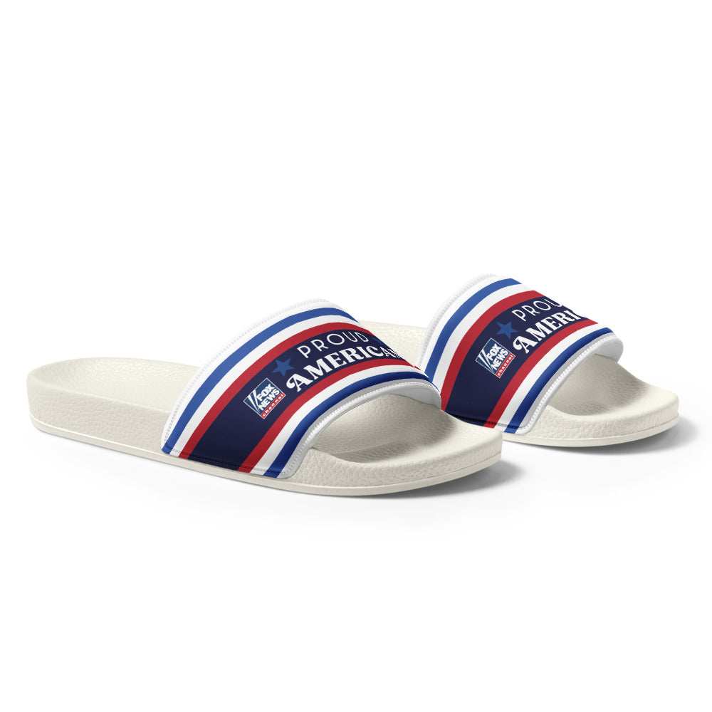 Close-up of the crisp Proud American logo on the white strap of the FOX News Women's Slides.