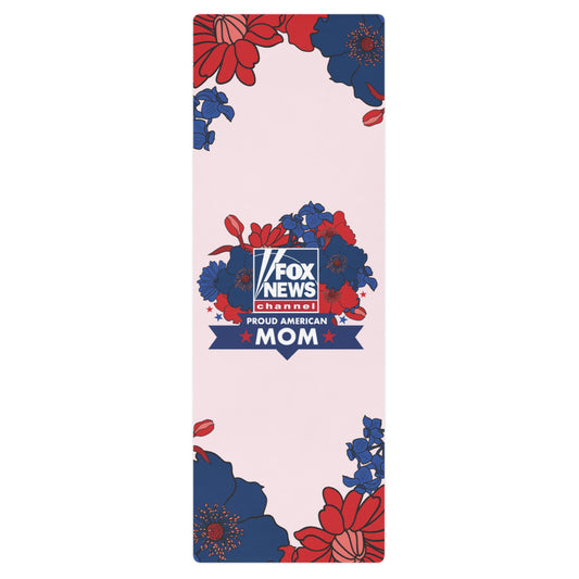 A high-quality yoga mat featuring the FOX News logo and Proud American Mom design in a clean American home gym setting.