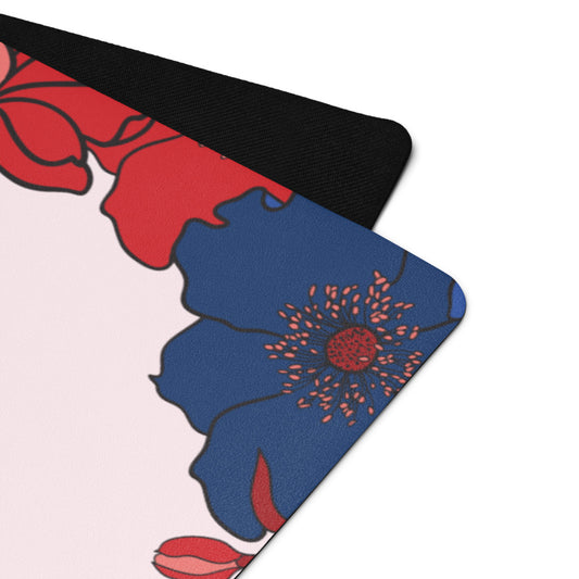 A 24 by 68 inch yoga mat with patriotic Proud American Mom branding laid out on a modern suburban floor.