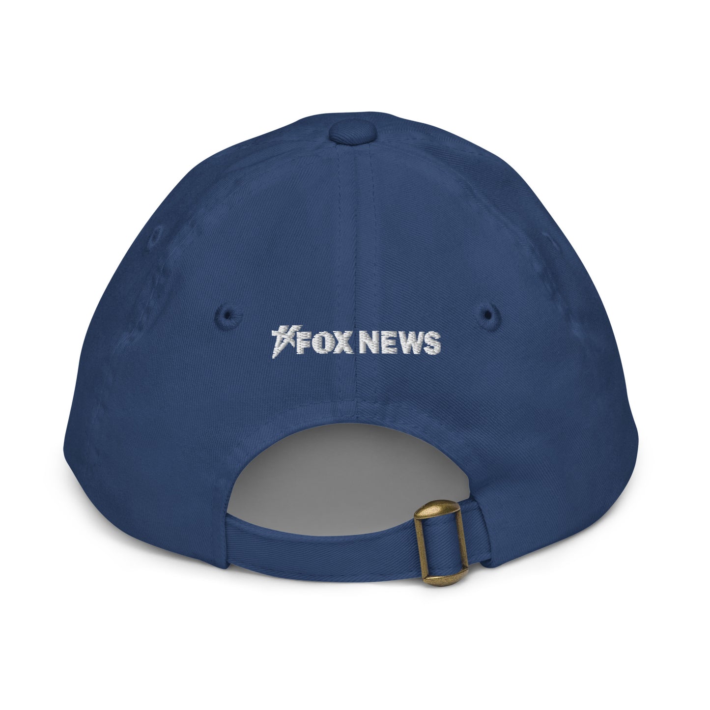 Close-up detail shot of the Proud American embroidery on the navy and red FOX News kids baseball hat.
